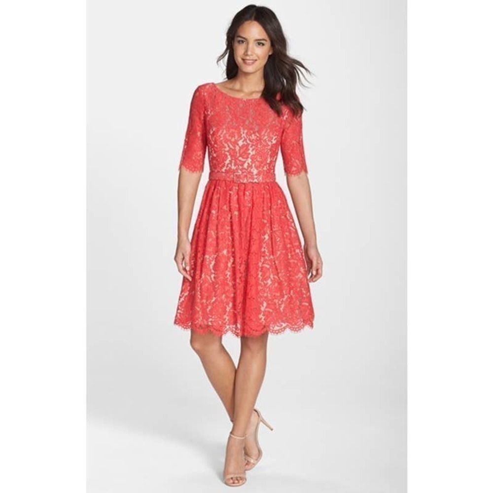 Eliza J Belted Lace Fit and Flare Dress Short Sleeves Red Women's Size 2